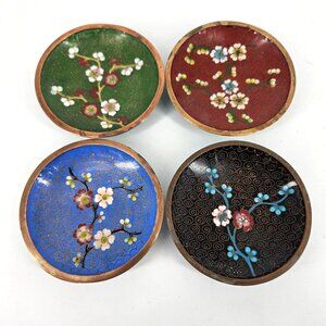 Enamel Cloisonne Circle Dish Plate Trinket 4" Brown China Floral Handpaint Lot 4